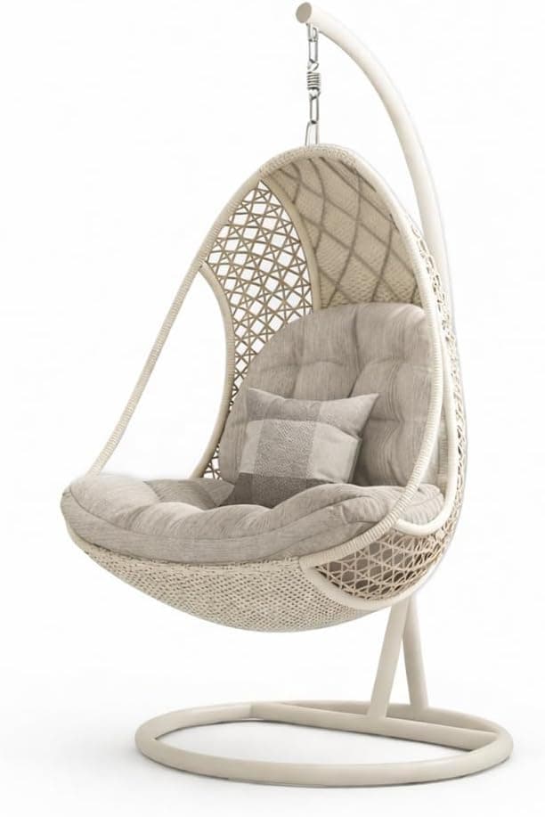 Ziyane Wicker Egg Swing Chair with Stand Beige Rattan Weave Cushioned Seat Indoor/Outdoor Swing Hanging Chair - 1PC