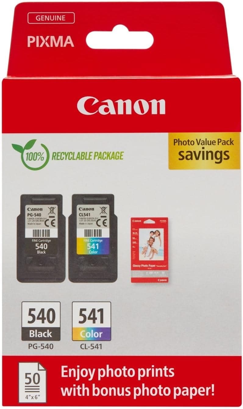 Canon PG-540 / CL-541 Encre Véritable Lot de 2 (1 Noir, 1 Couleur) + 4x6 Photos 50 Feuilles — 6% Off