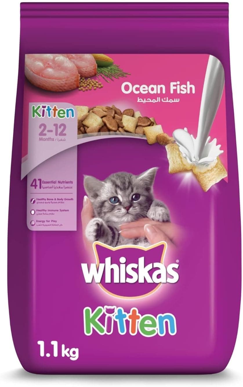 Whiskas Dry Cat Food Ocean Fish with Milk 1.1kg Pouch for Cats and Kittens Prebiotics and Colostrum