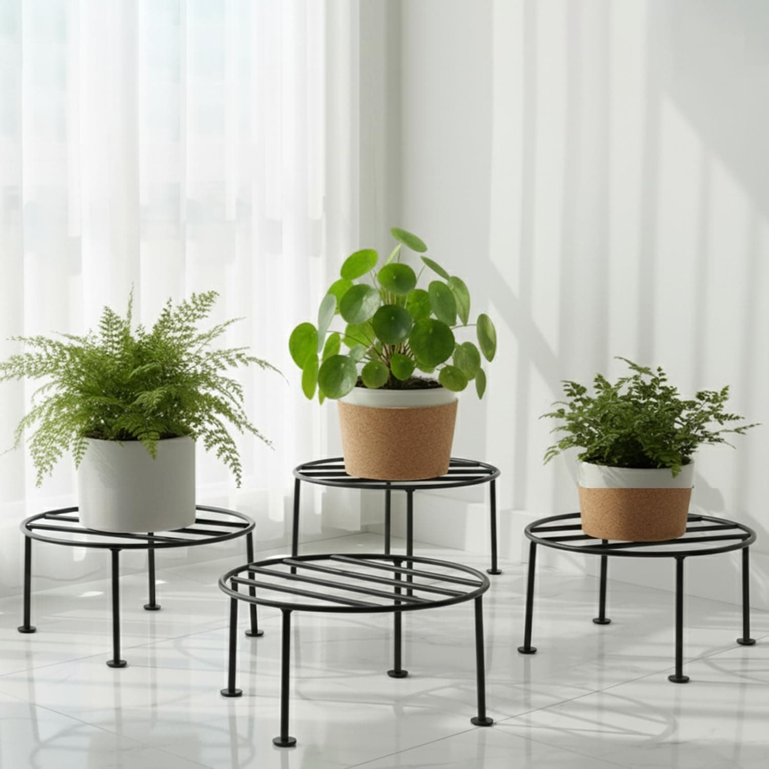 ORILEY 4 Pcs Round Plant Stand Galvanised Metal Flower Pot Holder Rust Resistant Gamla Support Corner Rack Outdoor Display Sh