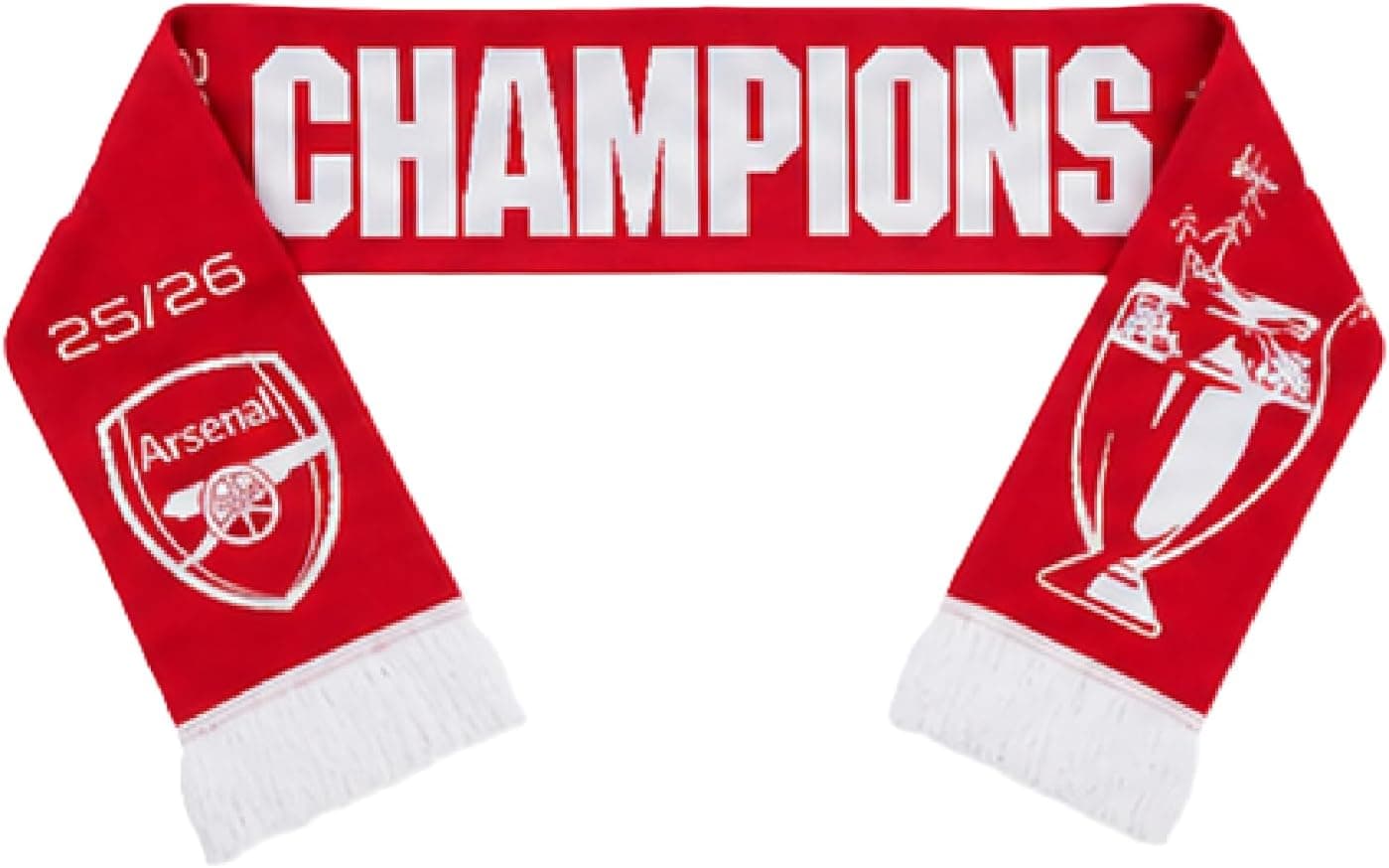 Arsenal Official Premier League Champions Scarf 2025/26 Jacquard Knit Red and White with Club Crest