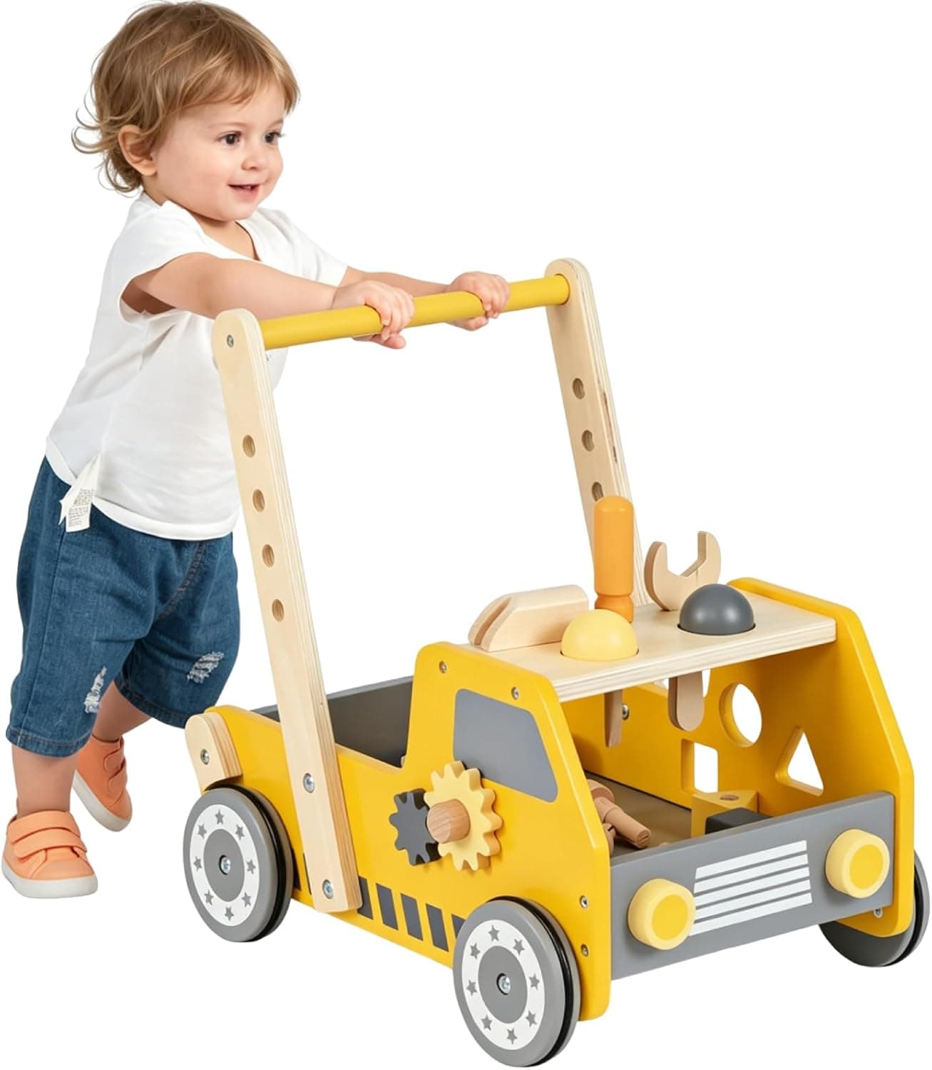 Maxmass 2 in 1 Baby Walker, Toddler Learning Walker with Toy Tool Bench, Wheels, Bottom Storage, Wooden Activity Walkers Push