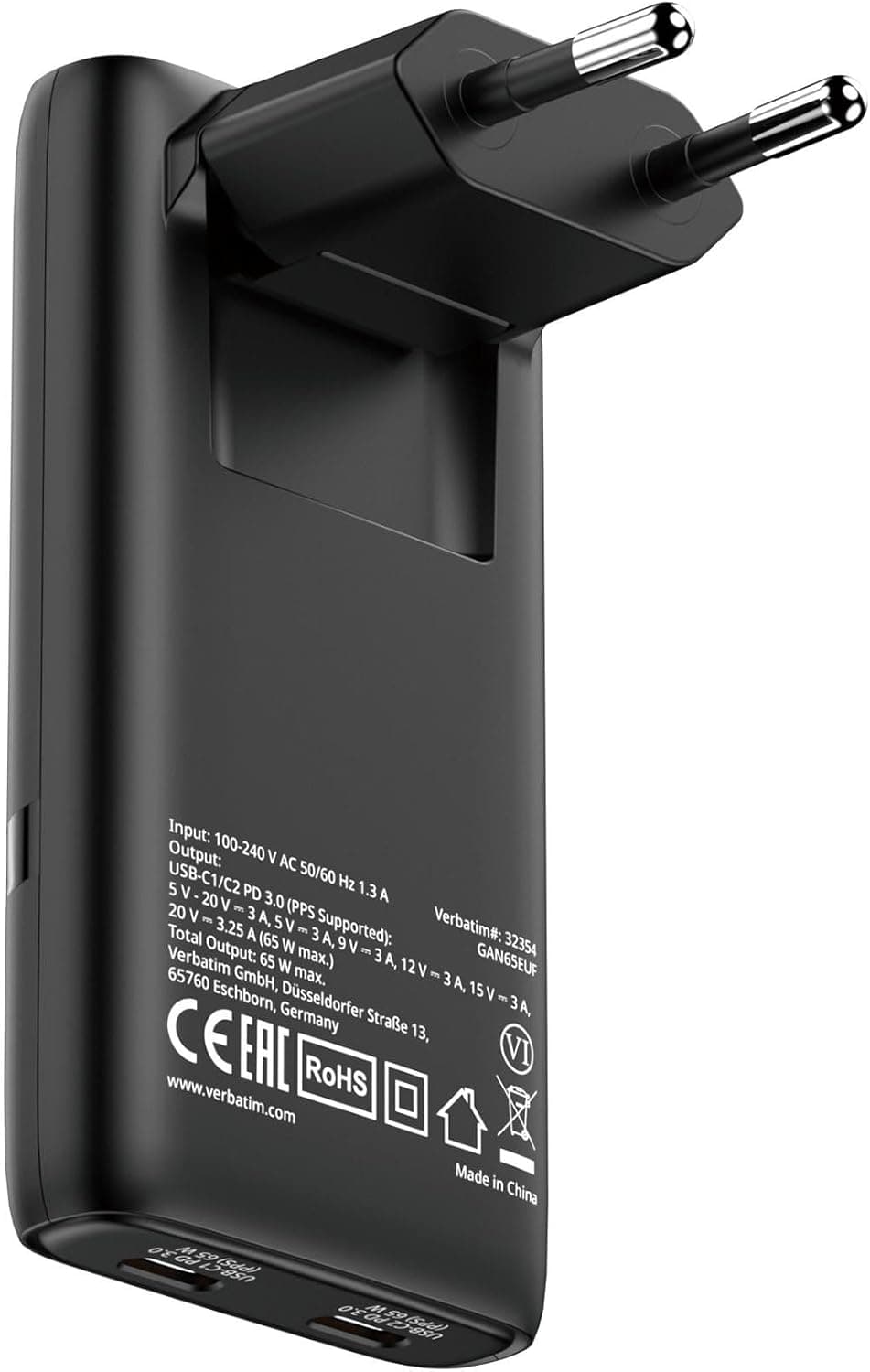 Verbatim Fold & Go GaN Charger 65W, 2-port USB-C, compact, fast wall charger