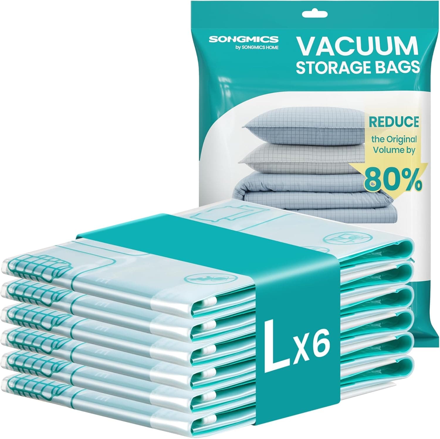 SONGMICS Vacuum Sealer Bags for Clothes, Bedding, Storage Bags 6 Pack Large Clear