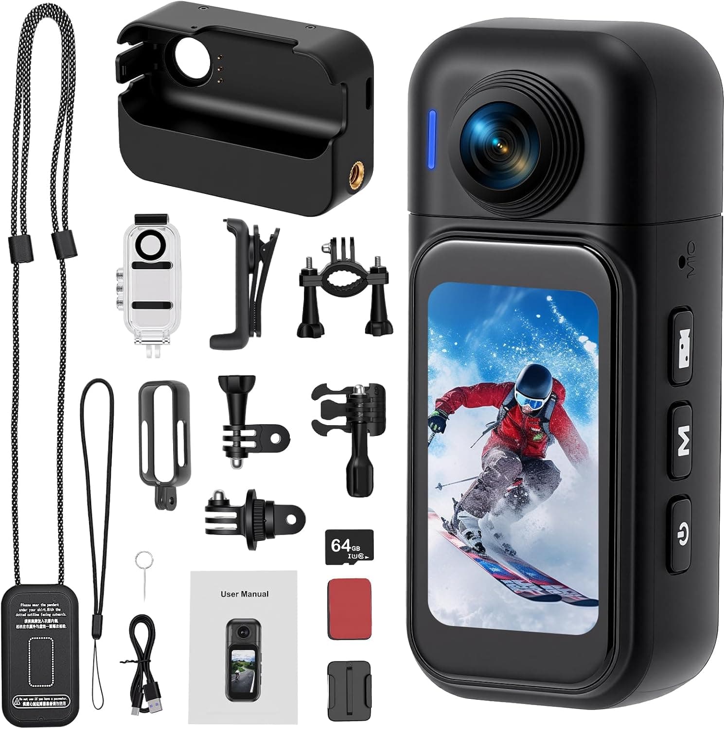 VeftBltrem 360  Action Camera with 180  Rotating Lens - 4K HD, 1.47 Inch Touchscreen, 120  Wide Angl