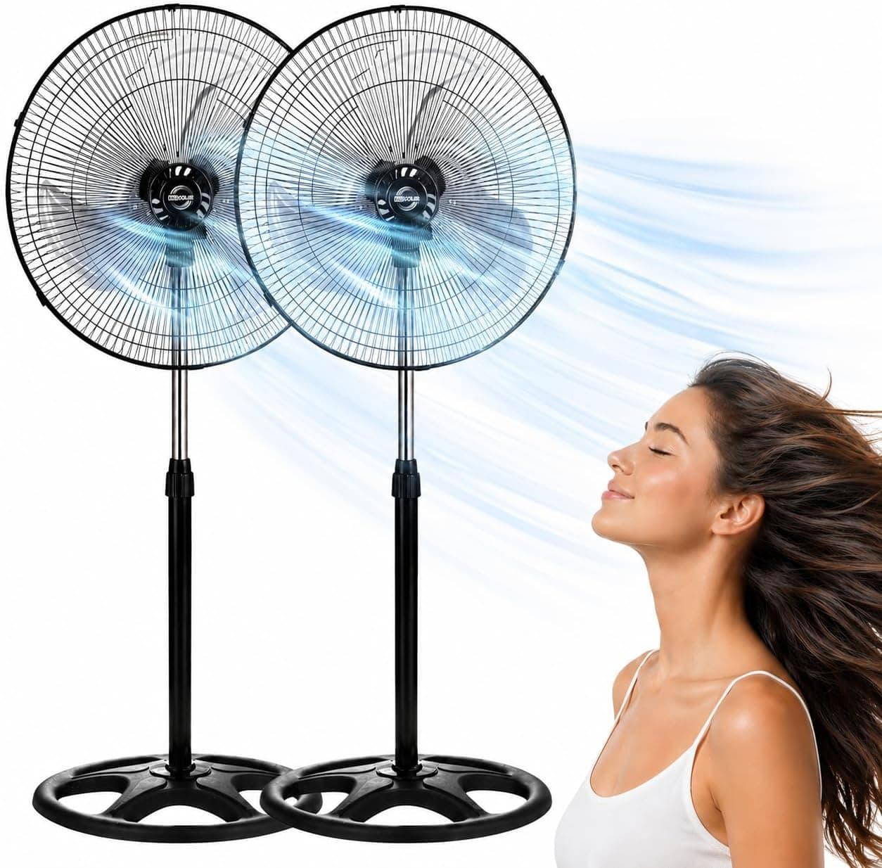 Fan de Piso 90W, Oscilador Suave 3 Velocidades Ajustable en Altura, Base Redonda, 45 cm