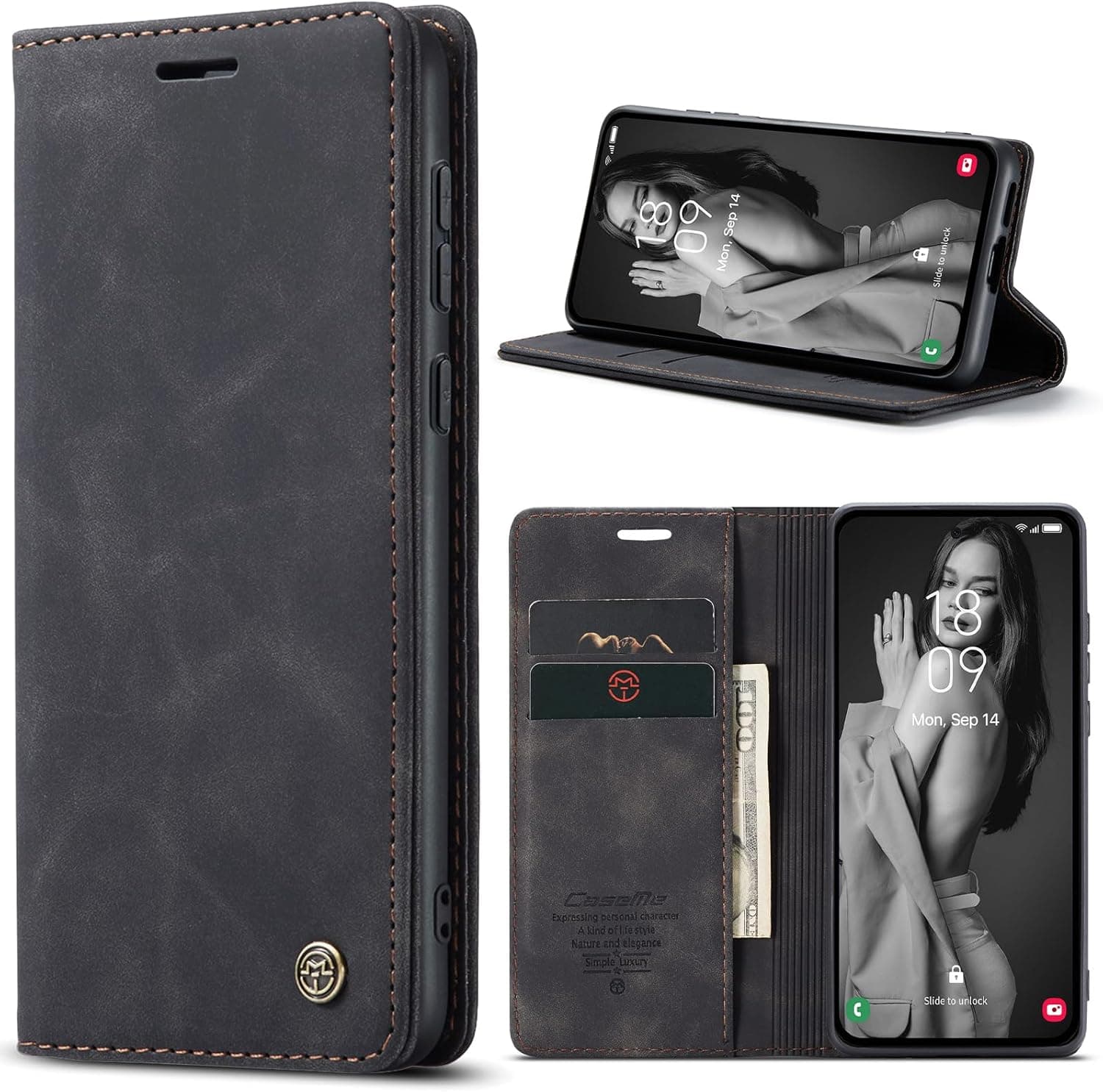 Case pour Galaxy A55 5G de haute qualité en cuir premium avec poche et pochette flip, cas ferromagnétique