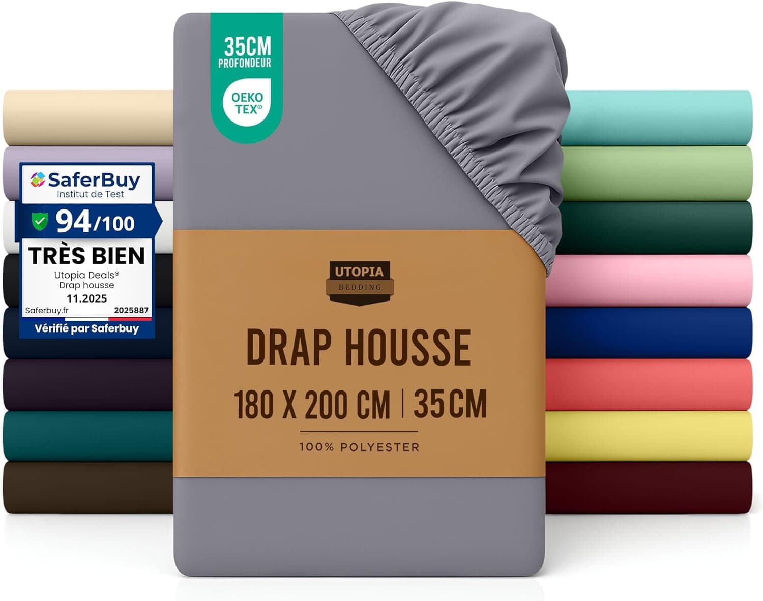 Lit Fraèche Fitted Sheet Grey 180 x 200 cm Oeko-Tex Sans Corners Brushed Microfibre