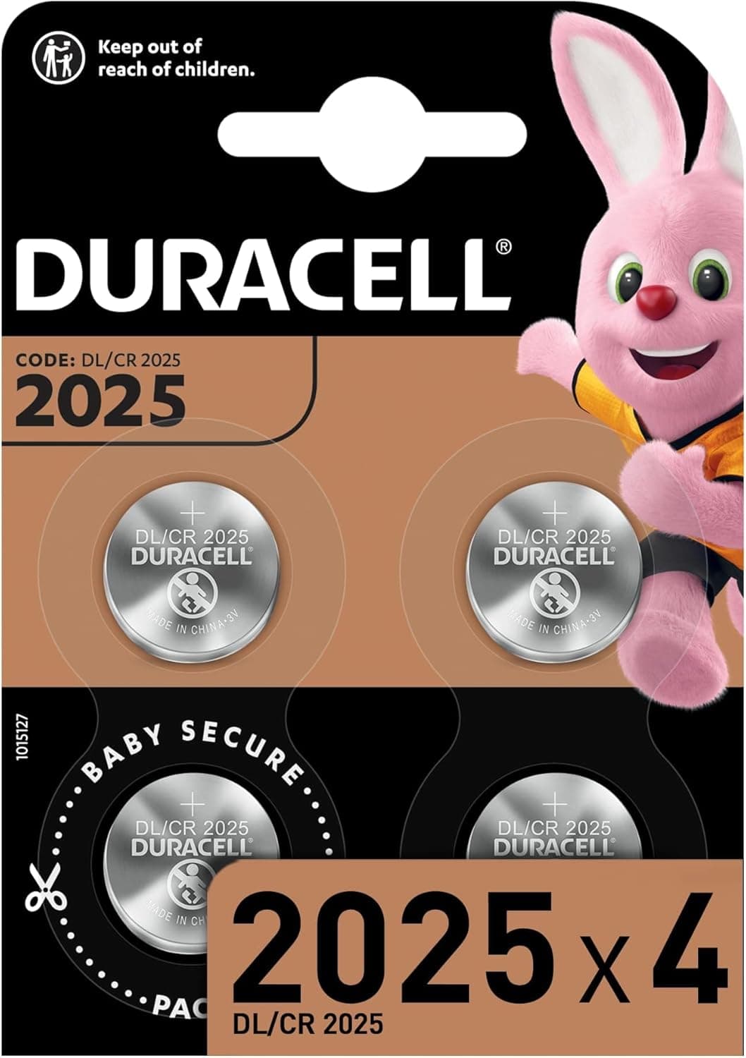 Duracell 2025 Lithium Coin Batteries 3V (4 Pack) - 70% Extra Life - Baby Secure