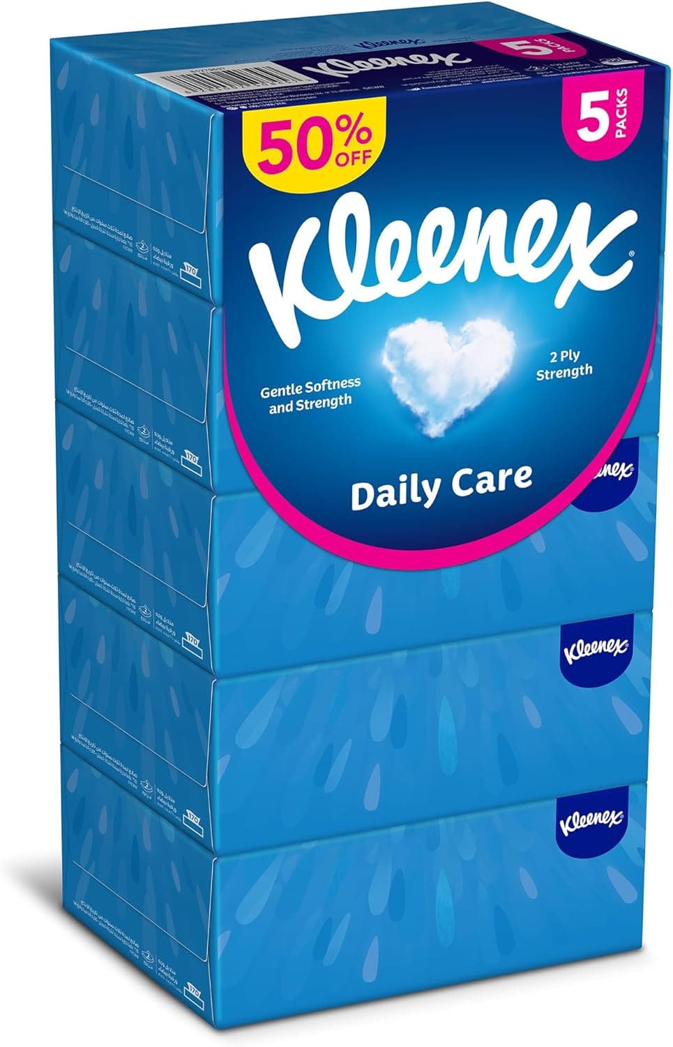 Kleenex Facial Tissue Daily Care, Pack of 5 Boxes, 170 Sheets, 2 Ply (50%)