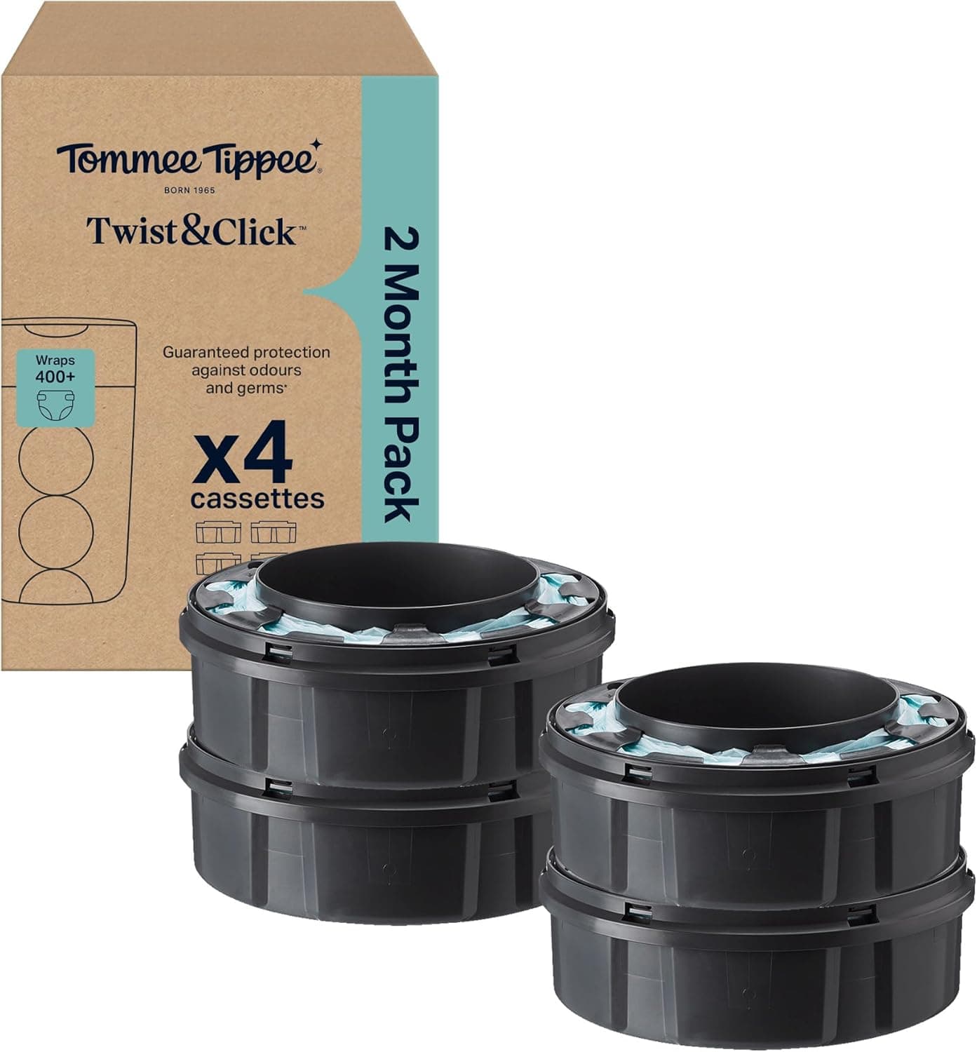 Tommee Tippee Twist and Click Advanced Nappy Bin Original Refill Cassettes, Exclusive Pack of 4, each 10.5m