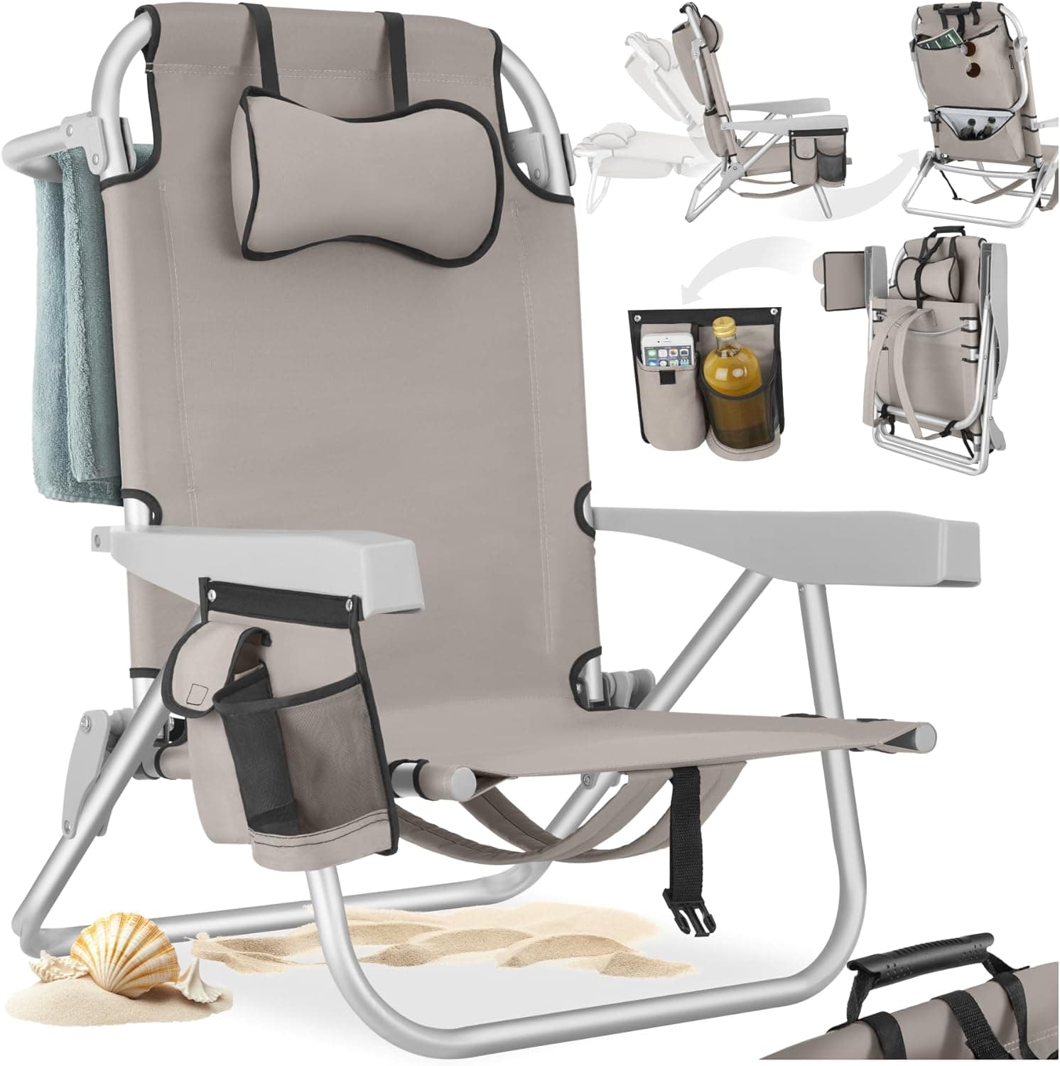 Tectake Folding Beach Chair with Adjustable Backrest, Aluminium Structure, Backpack Function, Lightweight Camping Chair