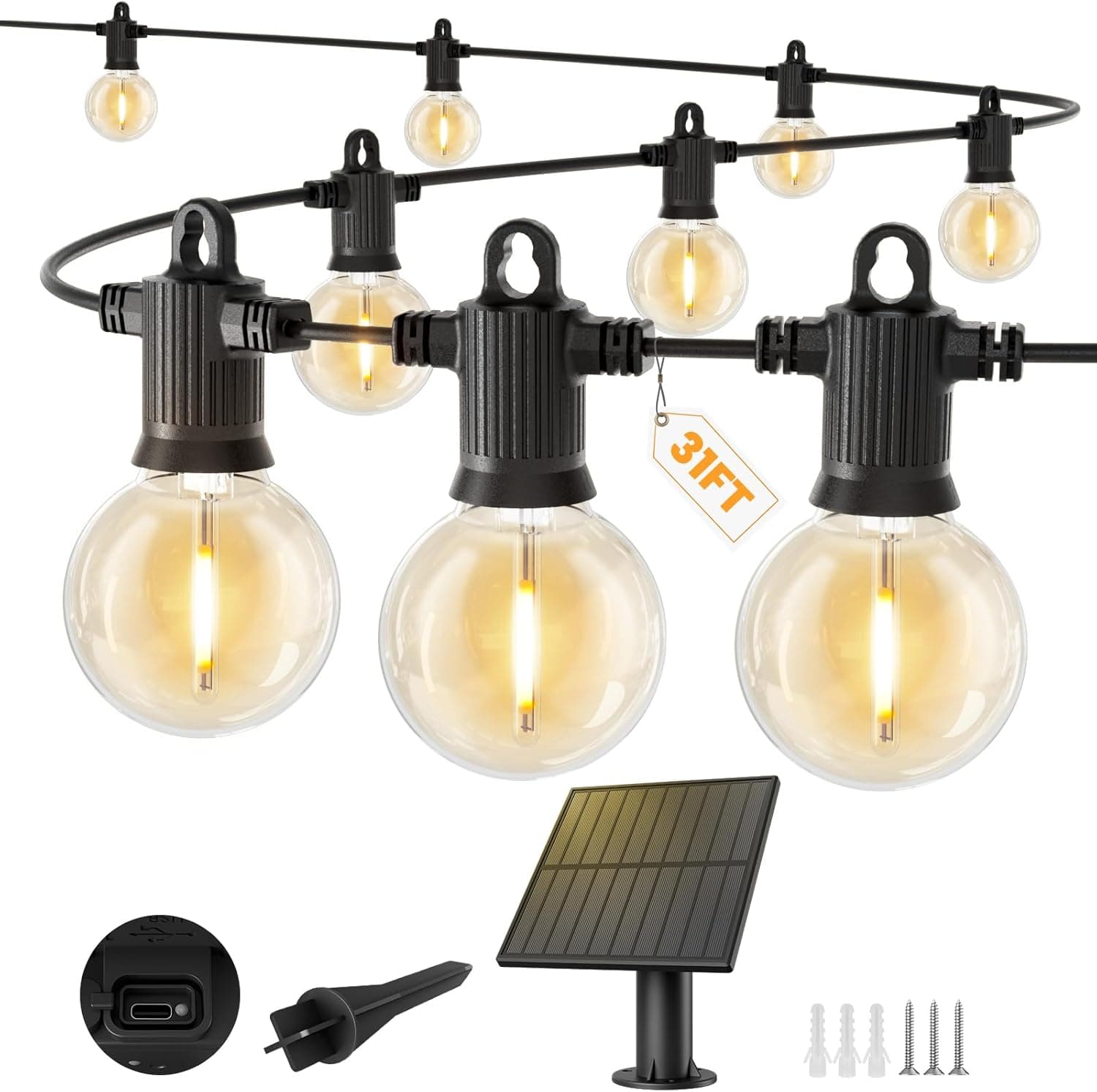 ZOTOYI Solar Lights Outdoor 30ft 10+1 G40 Solar String Lights con Panel Adaptable y USB para Iluminación de Balcones
