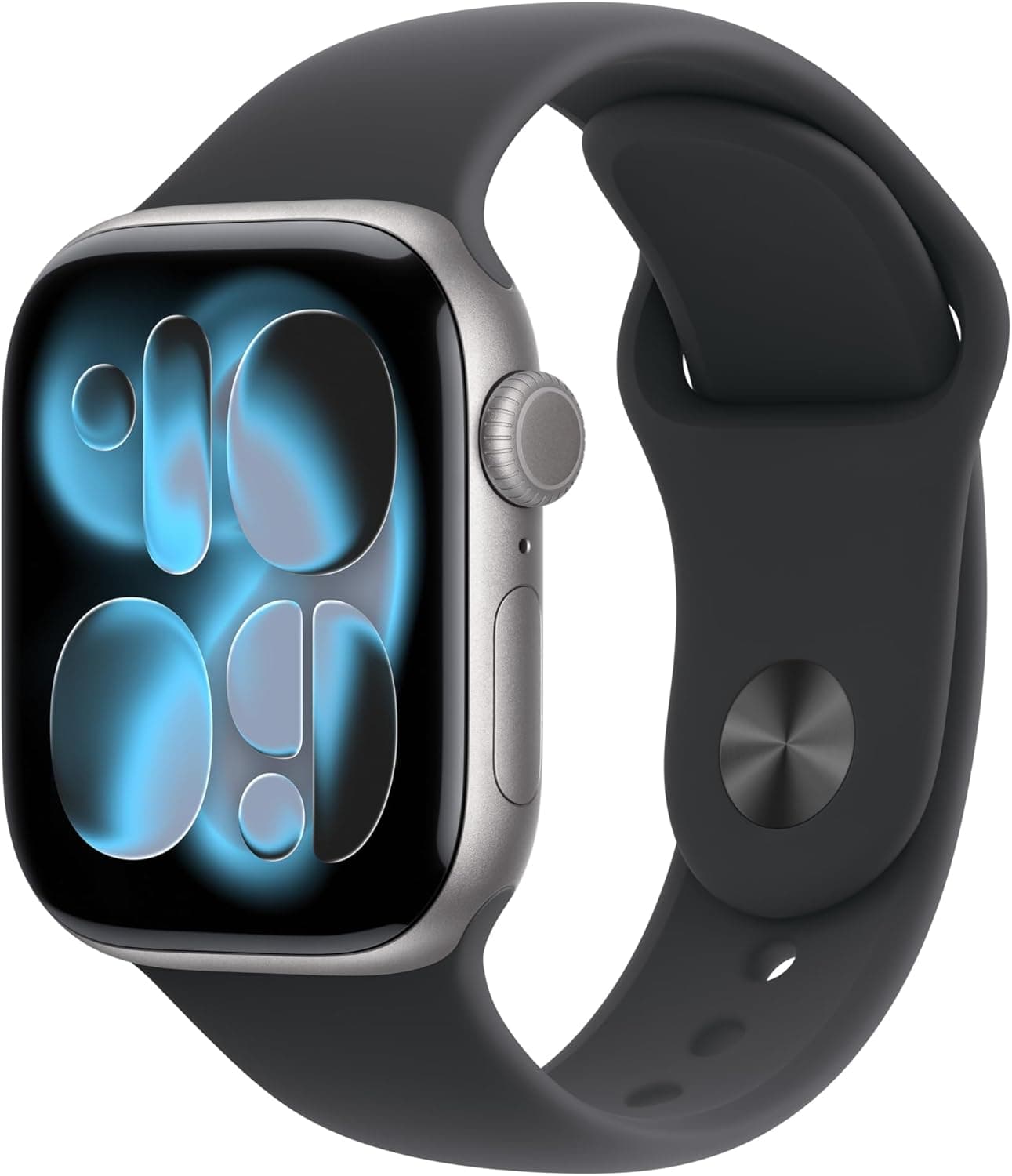Apple Watch Series 11 GPS 42mm Smartwatch Space Grey Aluminium Case Black Sport Band (S/M) met slaapscoring en fitness tracking.