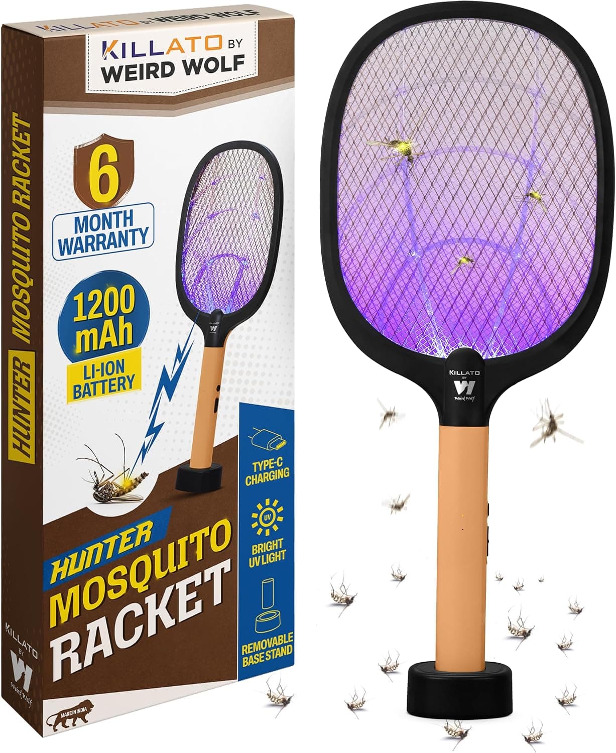 Weird Wolf 2 in 1 Rechargeable Mosquito Bat with UV Light & Base Stand | Electric Fly Swatter with Auto & Manual Mode | Type-2