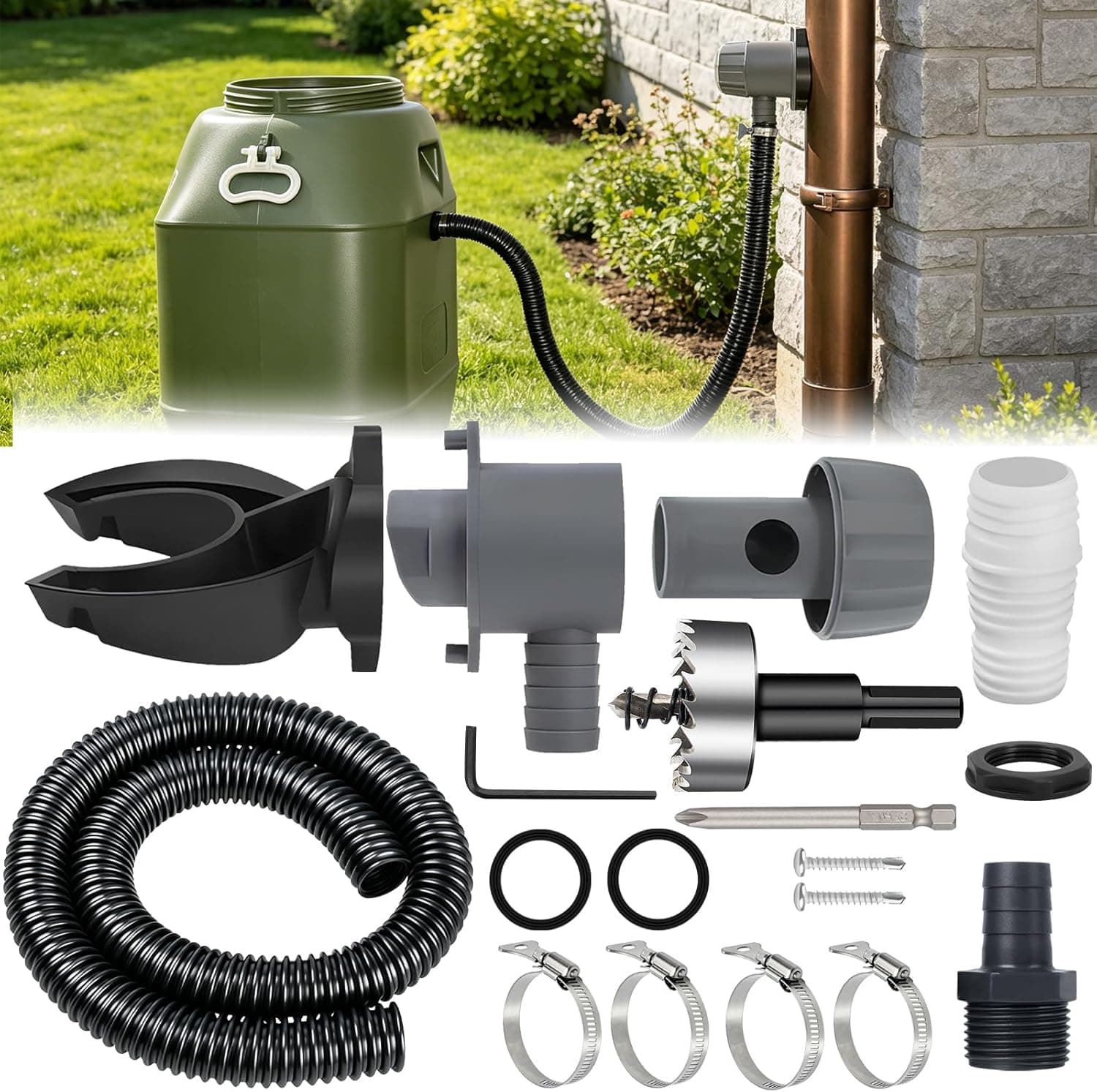 Rain Collector for Gutters 70-110 mm, with Mounting Kit, Raindiverting Connection, Set with 1m Sling
