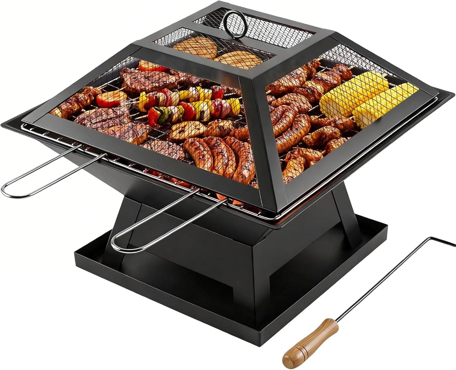 Square Fire Pit with BBQ Grill, Metal Fire Pit BBQ with Mesh Lid & Poker, Outdoor Garden Patio Heater Firepit, Sturdy and Durable