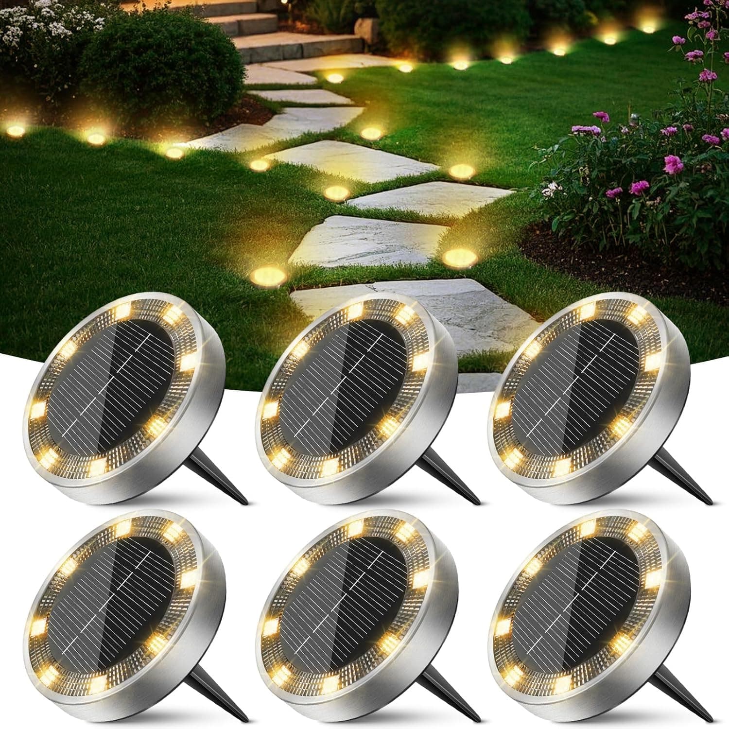 Peasur 6 Pack Solar Lights Outdoor Garden, Solar Ground Light, Waterproof Disk Lights for Pathway, Patio, Yard, Lawn