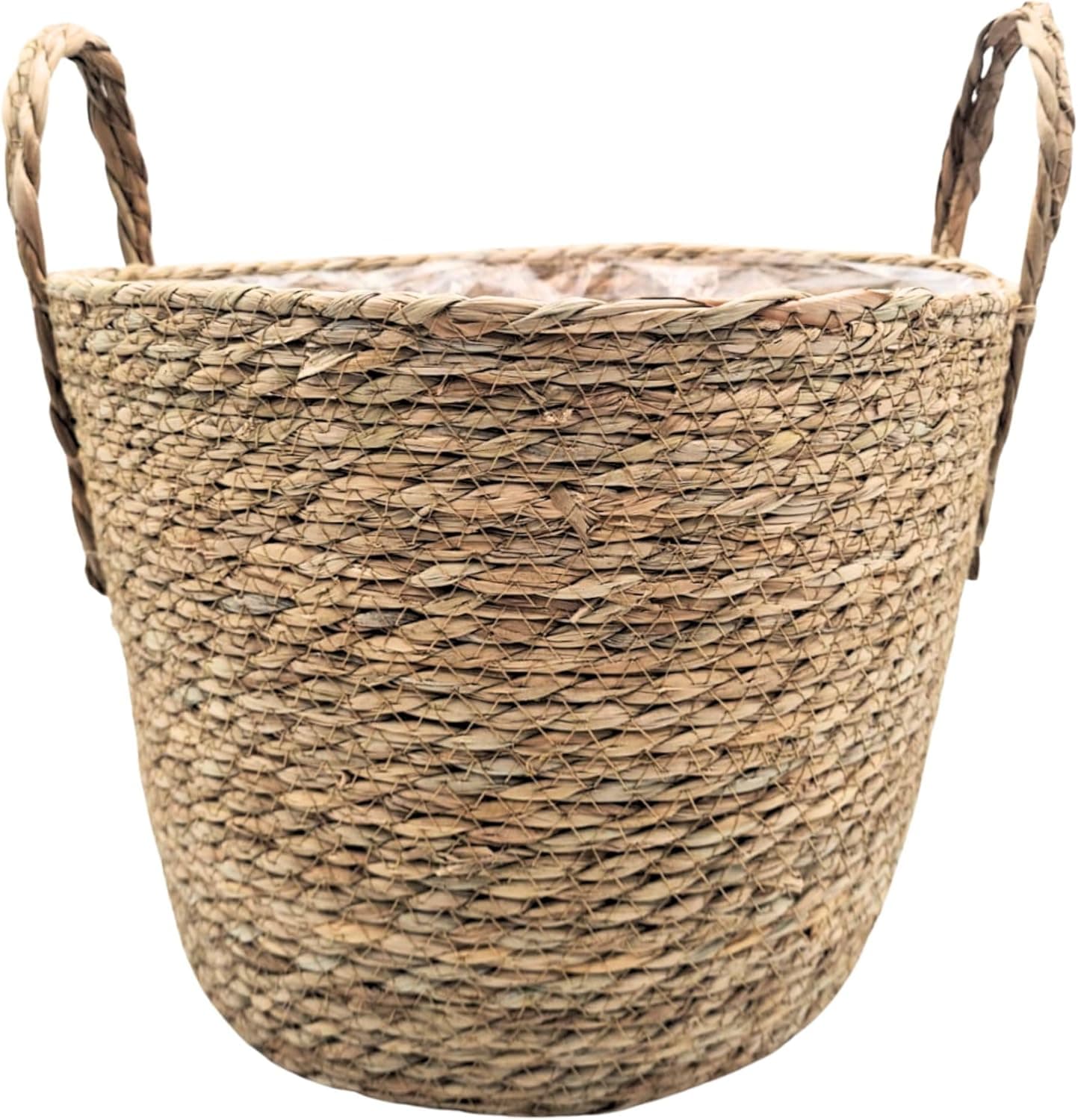 Brown Woven Straw Planter Basket with Handles, Plastic Liner Included, for Gardening and Home Decor (Large, 31 x 25cm, With H