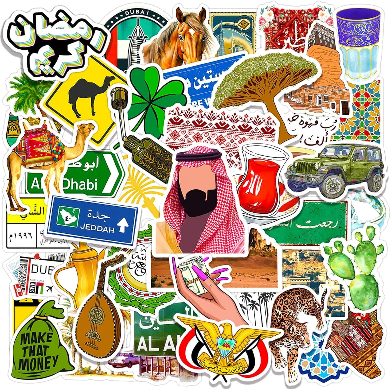 Saudi Stickers Set - 50 Pcs Saudi Travel Bag Decals, Water Resistant Vinyl, Laptops and Luggage, Arabia C