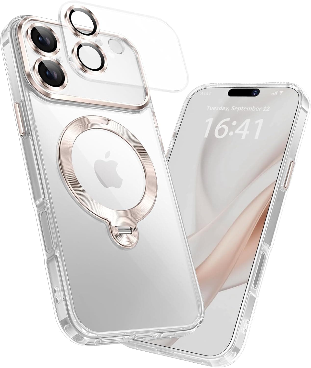 MEIKKS iPhone 17 Case [Full Camera Protection, 360 Rotating Stand] Metal Texture, Transparent, High Quality, Shock
