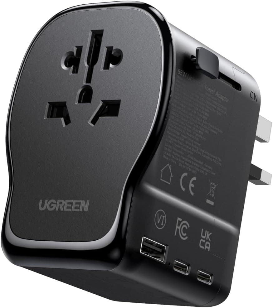 UGREEN Universal Travel Adapter, GaN 65W International Charger with 2 USB-C & 1 USB-A Ports, PD Fast Charging Worldwide Wall