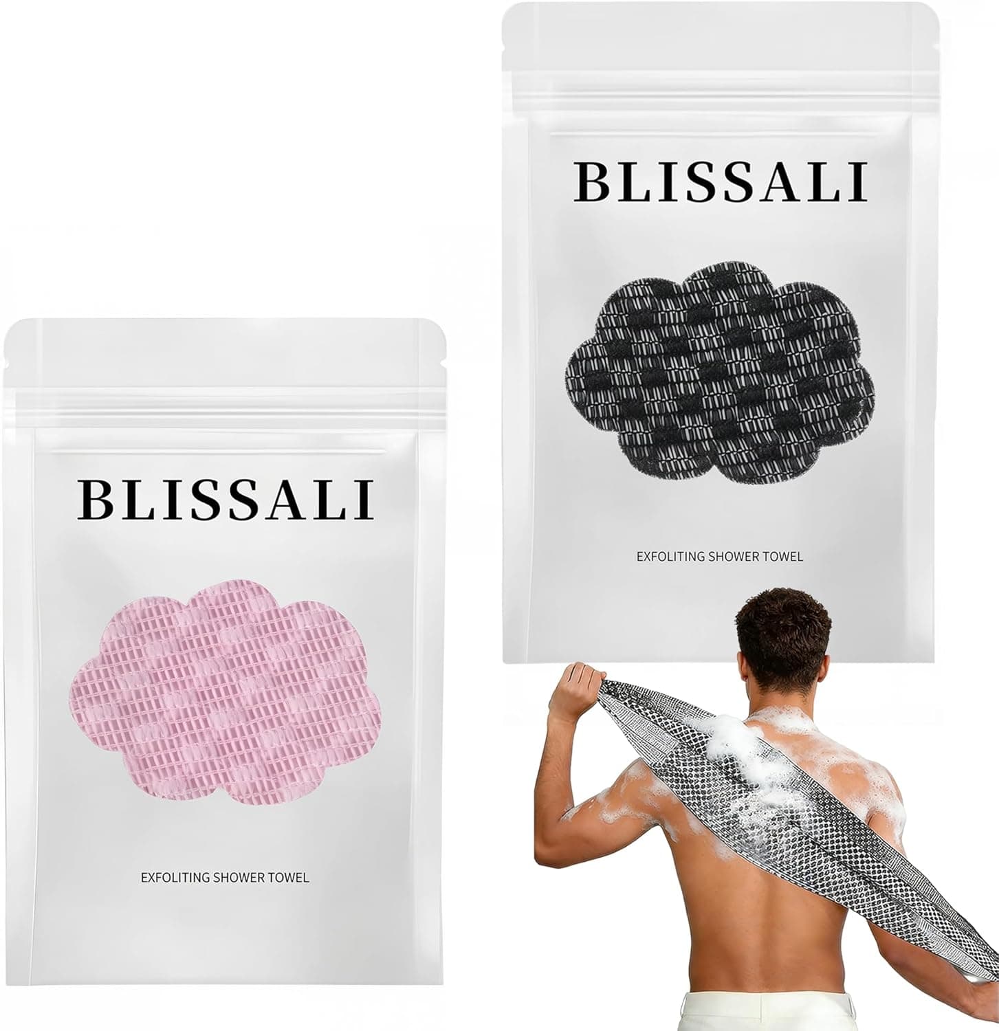 Pack of 2 Blissal Exfoliating Antibacterial Shower Towel, Exfoliating Body Shower Towel, Back Brush, Shower Accessories, Exfo