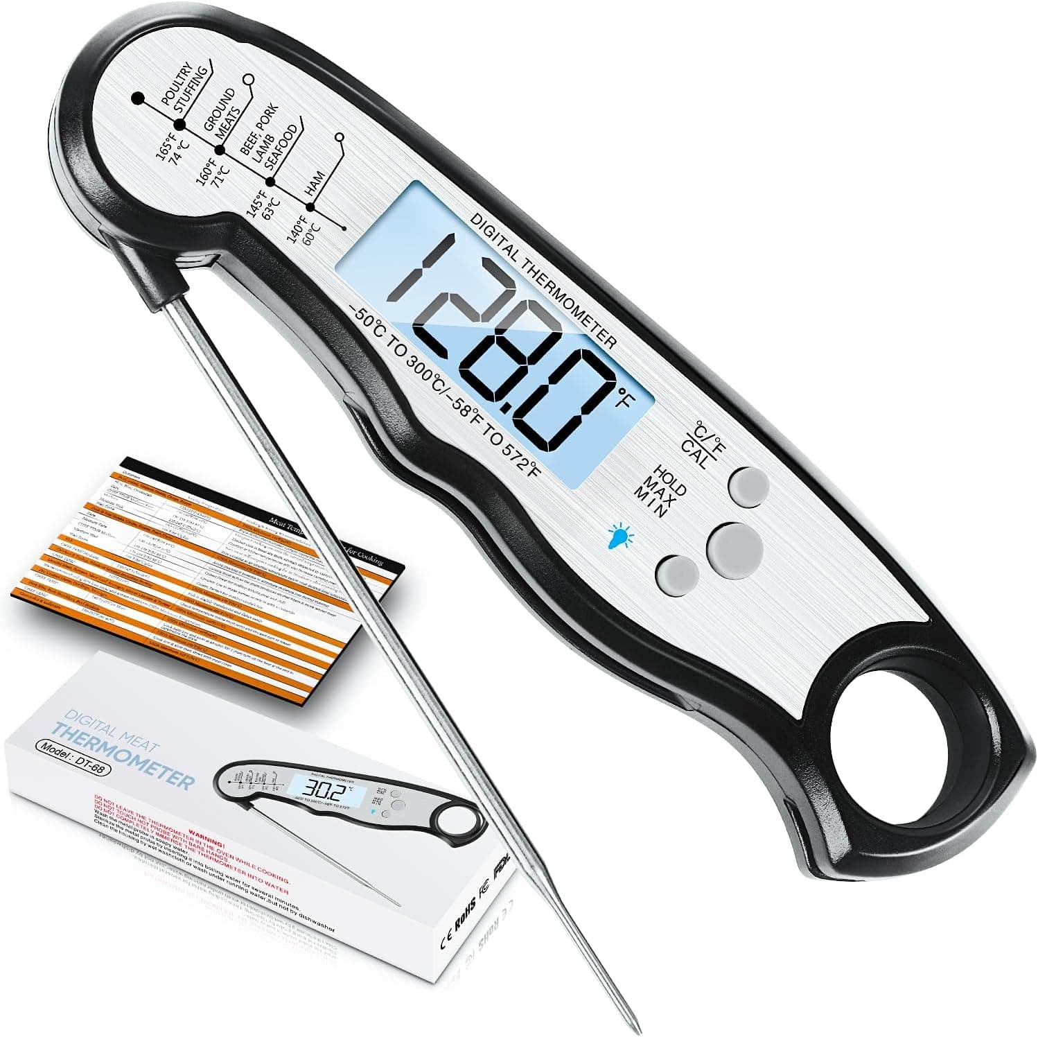 Instant Read Meat Thermometer for Cooking, Fast & Precise Digital Food Thermometer with Backlight, Magnet, Calibration, 3 Pack