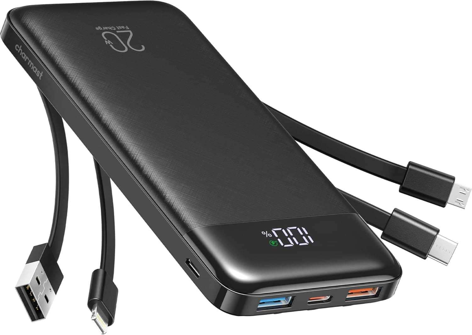 Charmast 22.5W Power Bank 20000mAh Built in 4 Cables Slim USB C Portable Charger LED Display Battery Pack with 5 Output an