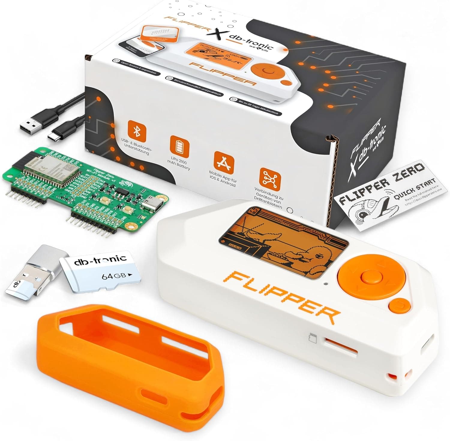 Flipper Zero Starter Full Set WiFi Board Silicone Case 64GB MicroSD Card USB Card Reader