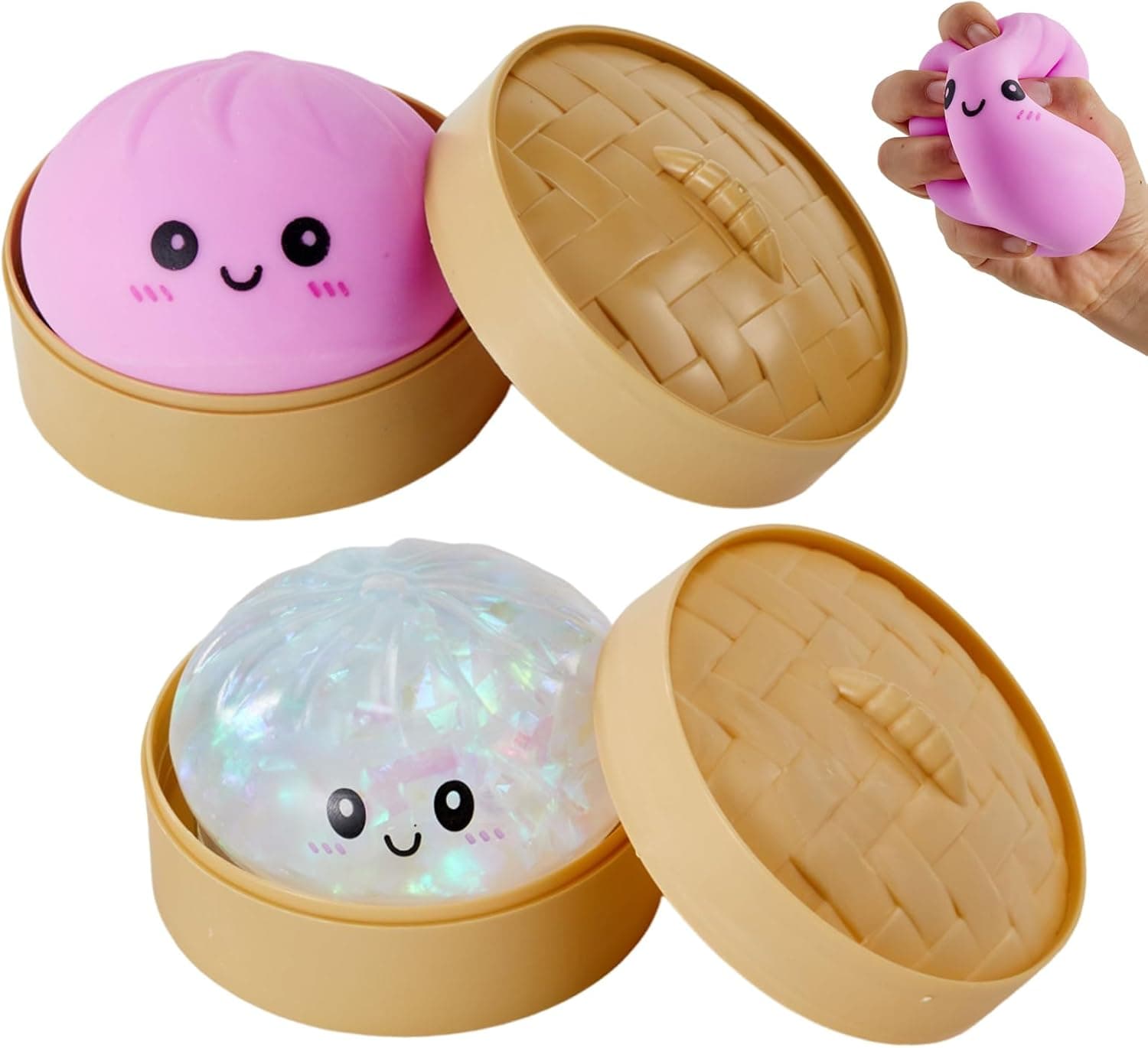 2 Pack Squishy Bao Dumpling Fidget Toy with Steamer Box, Stress Relief Bao Bun Squishy, Sensory Fidget Dumpling for Kids Adul