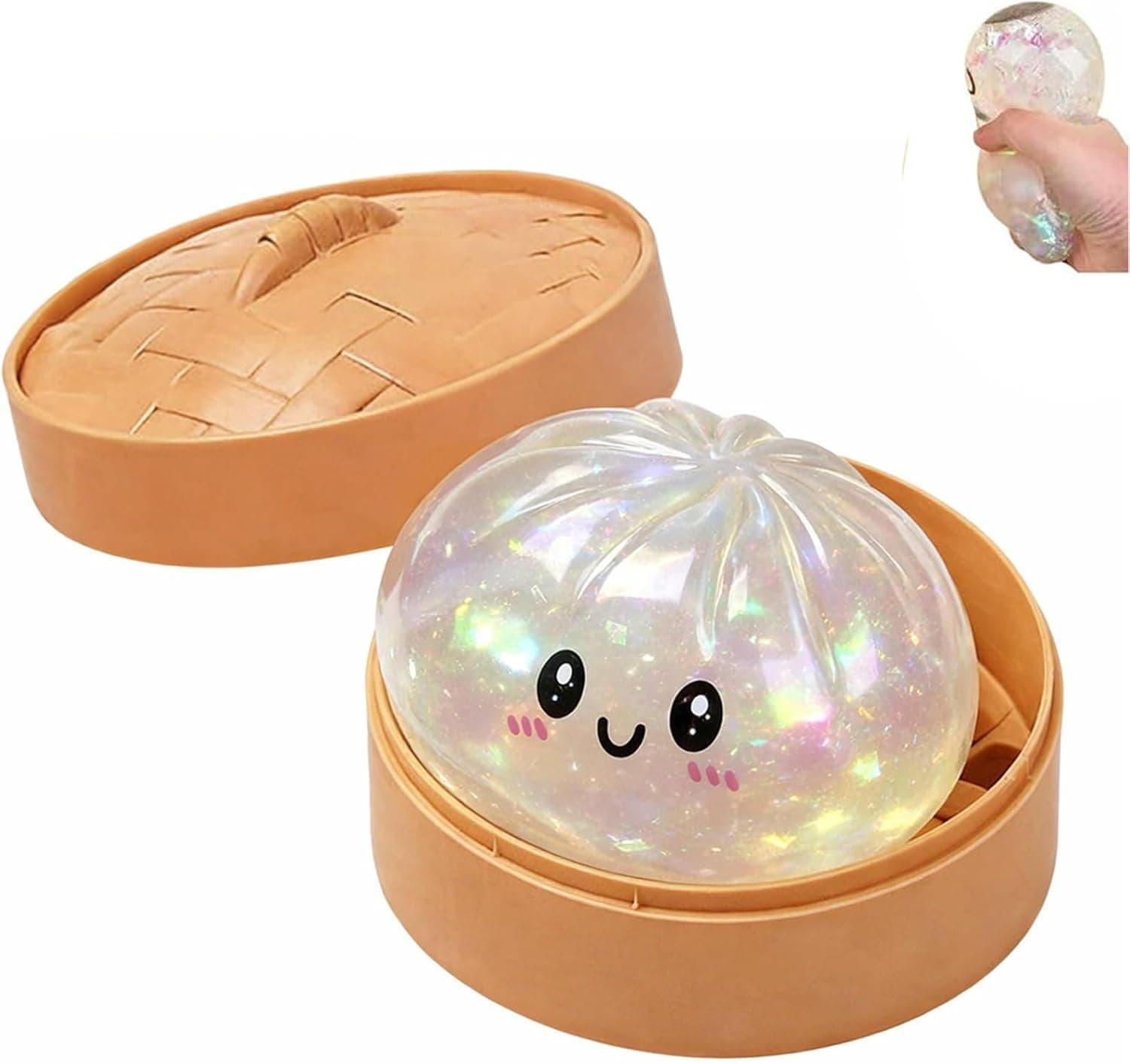 Glitter Dumpling Squishies Box,Mystery Glitter Dumplings Squishiest Toy with Steamer Box, Soft Squeeze Decompression Dough, 10pc Assorted Colours