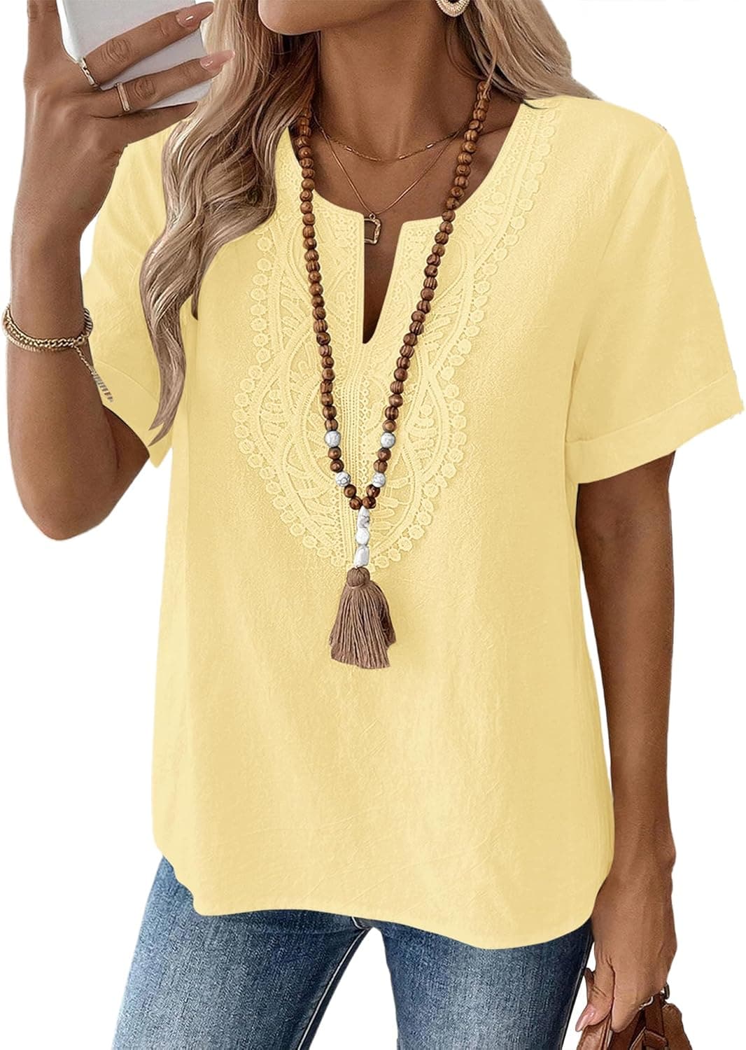 LOMON Womens Short Sleeve Tops Cotton Linen Shirts Loose Casual V Neck Lace Blouses Summer Vacation Clothes