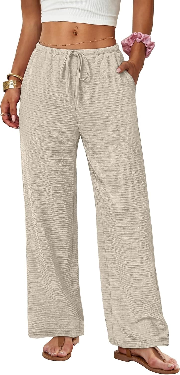 Sampeel Wide Leg Pants for Women Flowy Palazzo Drawstring Elastic Waist Trousers with Pockets Summer Beach Vacation Clothes, Black/XS 100-130L 1pc