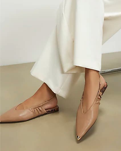 Beige Metal Point Toe Flat Shoes