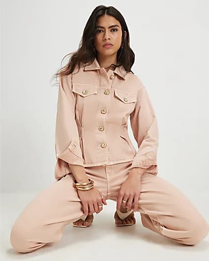 Pink Waisted Button Detail Denim Jacket