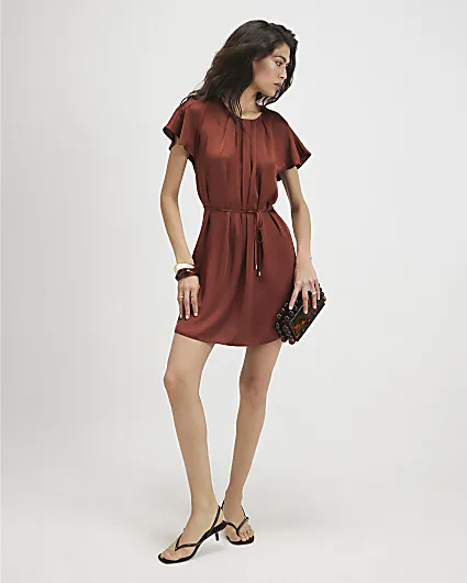 Brown Satin Pleat Neck Mini Dress