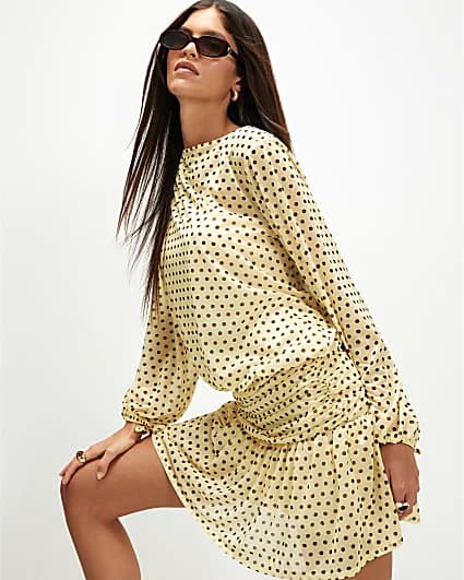 Yellow Long Sleeve Polka Dot Mini Dress