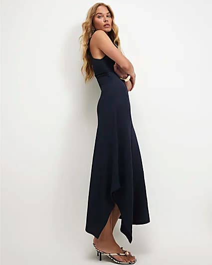 Navy Halter Neck Textured Midi Dress