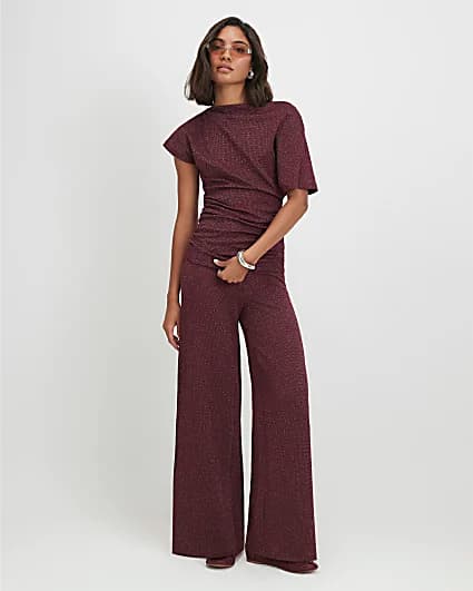 Burgundy Glitter Thread Wide Leg Trousers