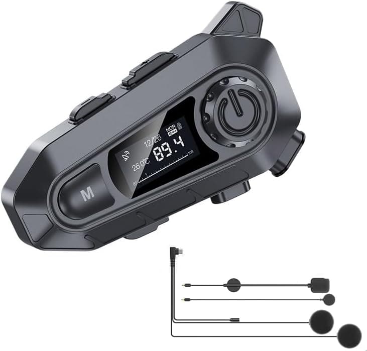 Motorcycle Bluetooth Headset with LCD Screen, Helmet Speakers 2 Mic, 3D Stereo Sound, 48h Music&FM, No Noise Cancellation