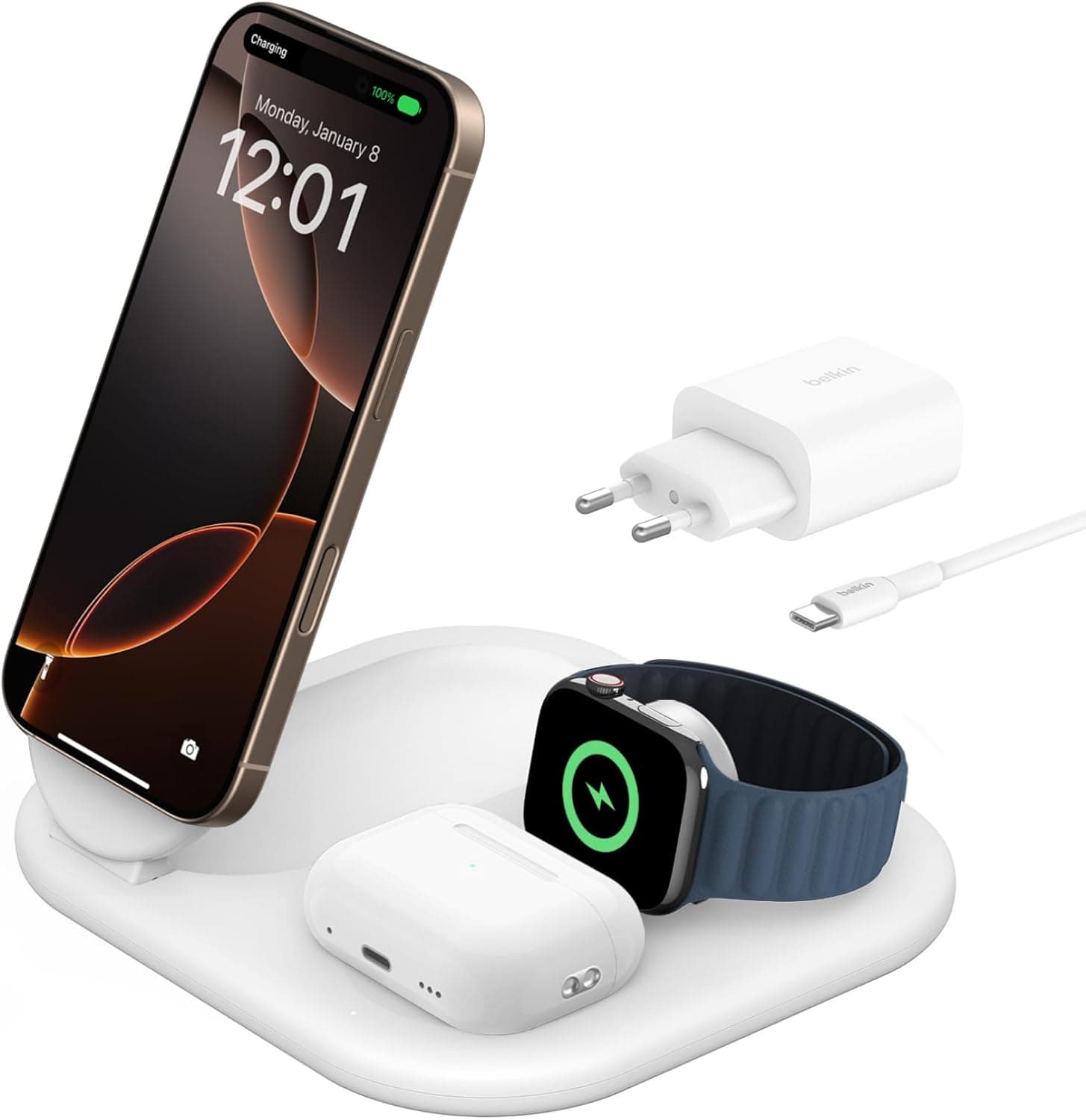 Belkin MagSafe Charger BoostCharge 3-in-1 Qi2 Magnetic Foldable Charger 15W Fast Charger for iPhone AirPods with Non-Slip Base White