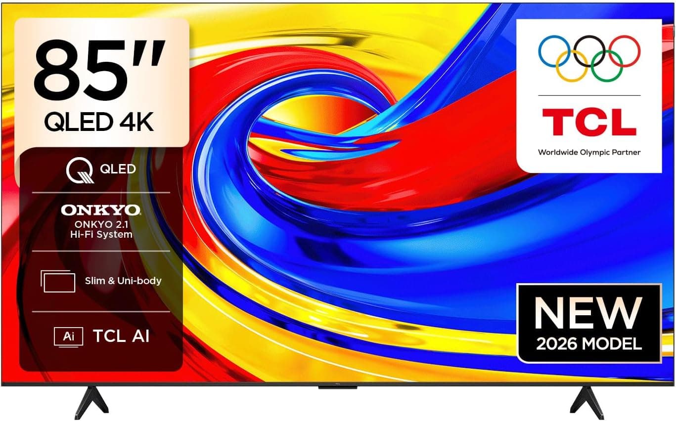 85 بوصة 4K QLED تلفزيون ذكي TCL، غوغل تيف، دبليوا اتومس، دتس виртуال: إكس، أونكويو صوت، واي فاي، بلوتوث 5.4 أفضل عرض
