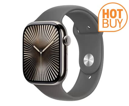 Apple Watch Series 10 GPS + Cellular, 46mm Natural Titanium Case with Stone Grey Sports Band M/L • Model: MWYA3QA/A