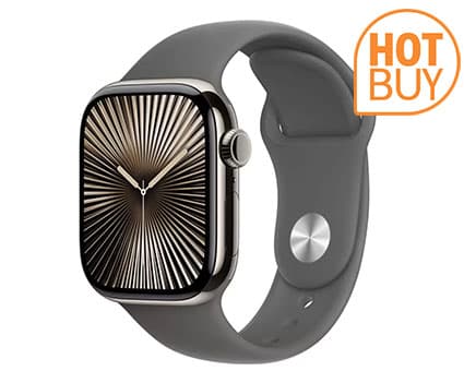 Apple Watch Series 10 GPS + Cellular, 42mm Natural Titanium Case with Stone Grey Sport Band M/L • Model: MWXE3QA/A
