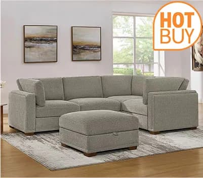 Thomasville Taylor Taupe Fabric Sofa with Storage Ottoman • Includes Assembly • Swatch Available