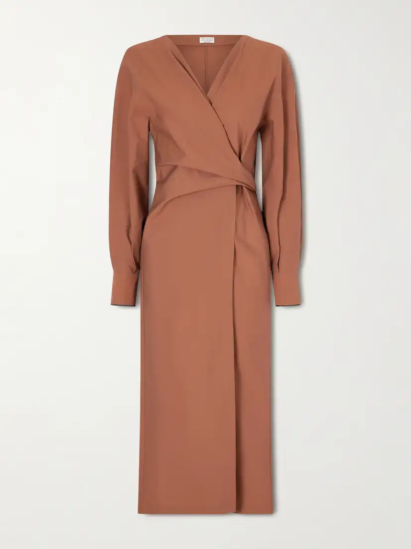 Brunello Cucinelli — Embellished cotton-blend midi wrap dress