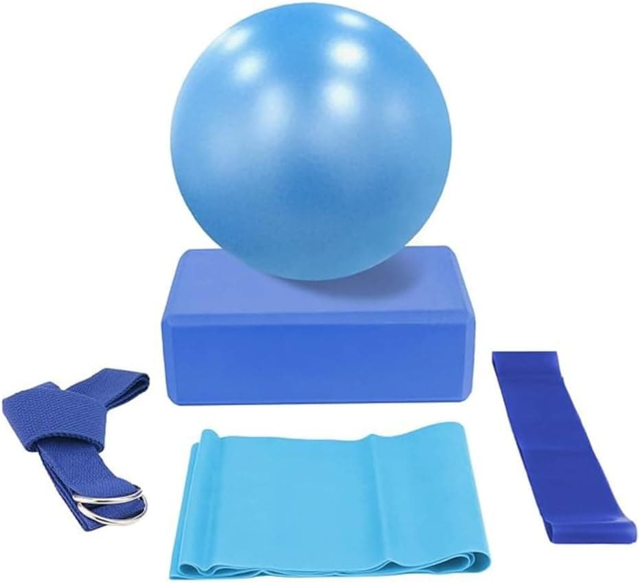 5-Piece Yoga Set with 25cm PVC Ball, EVA Block, Stretch Band, Latex Pull Towel and Resistance Ring, Blue
