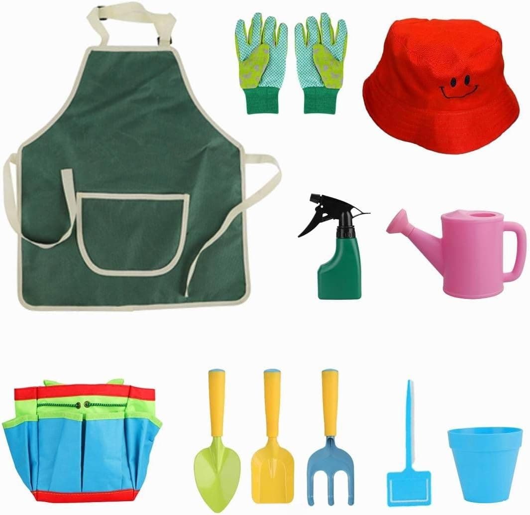 Gardening Tool Set for Kids, 11 Piece Outdoor Gardening Kit Educational Gardening Toys with Apron, Gloves, Watering Can, Shov