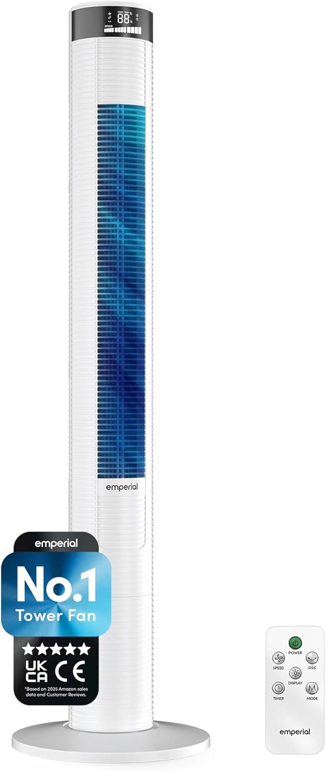 Emperial 46 Bladeless Tower Fan Quiet 45W Cooling Fan with Remote | LED Display, 3 Speeds, 4 Modes, 12 Hour Timer, 70 Osc